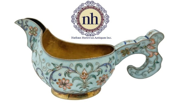 Russian Blue Cloisonne Enamel Silver Kovsh in Faberge Style