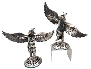Rare W. Begay Navajo Native American Pair of Sterling Silver & Turquoise Kachina Eagle Bird Sculptures