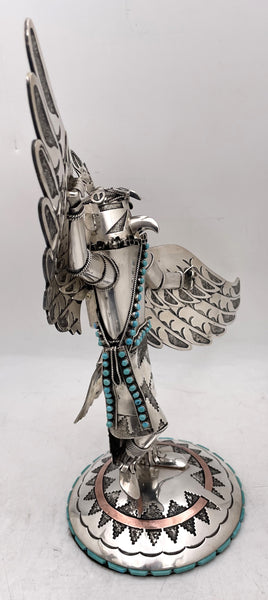 Rare W. Begay Navajo Native American Pair of Sterling Silver & Turquoise Kachina Eagle Bird Sculptures
