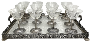 German Continental Silver & Etched Glass Set of 12 Sherbert Cups on a Gallery Tray from Late 19th Century
