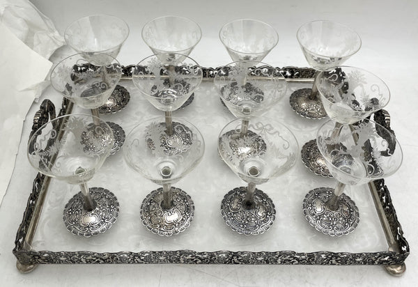 German Continental Silver & Etched Glass Set of 12 Sherbert Cups on a Gallery Tray from Late 19th Century