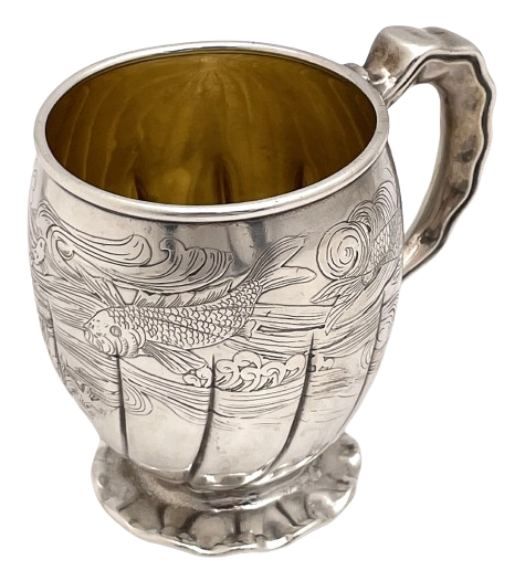 Gorham 1880 Sterling Silver Etched Child's Christening Mug with Aquatic Motifs