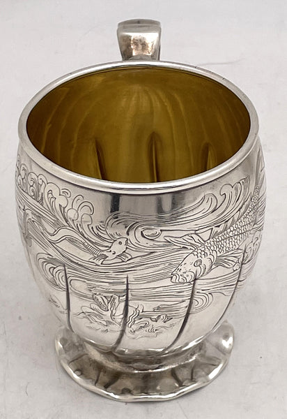 Gorham 1880 Sterling Silver Etched Child's Christening Mug with Aquatic Motifs