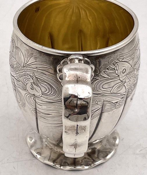 Gorham 1880 Sterling Silver Etched Child's Christening Mug with Aquatic Motifs