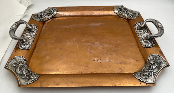 Japanese Mixed Metal Silver on Copper Tray with Dragon Motifs