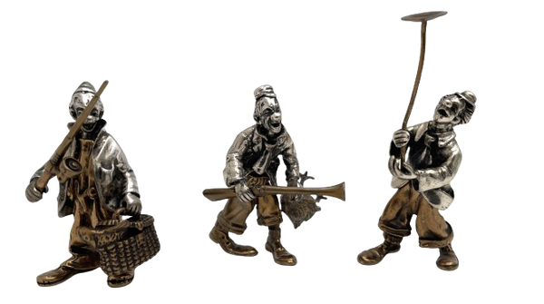 Italian Silver & Mixed Metal Set of 3 Realistic Circus Clowns from Mid-20th Century