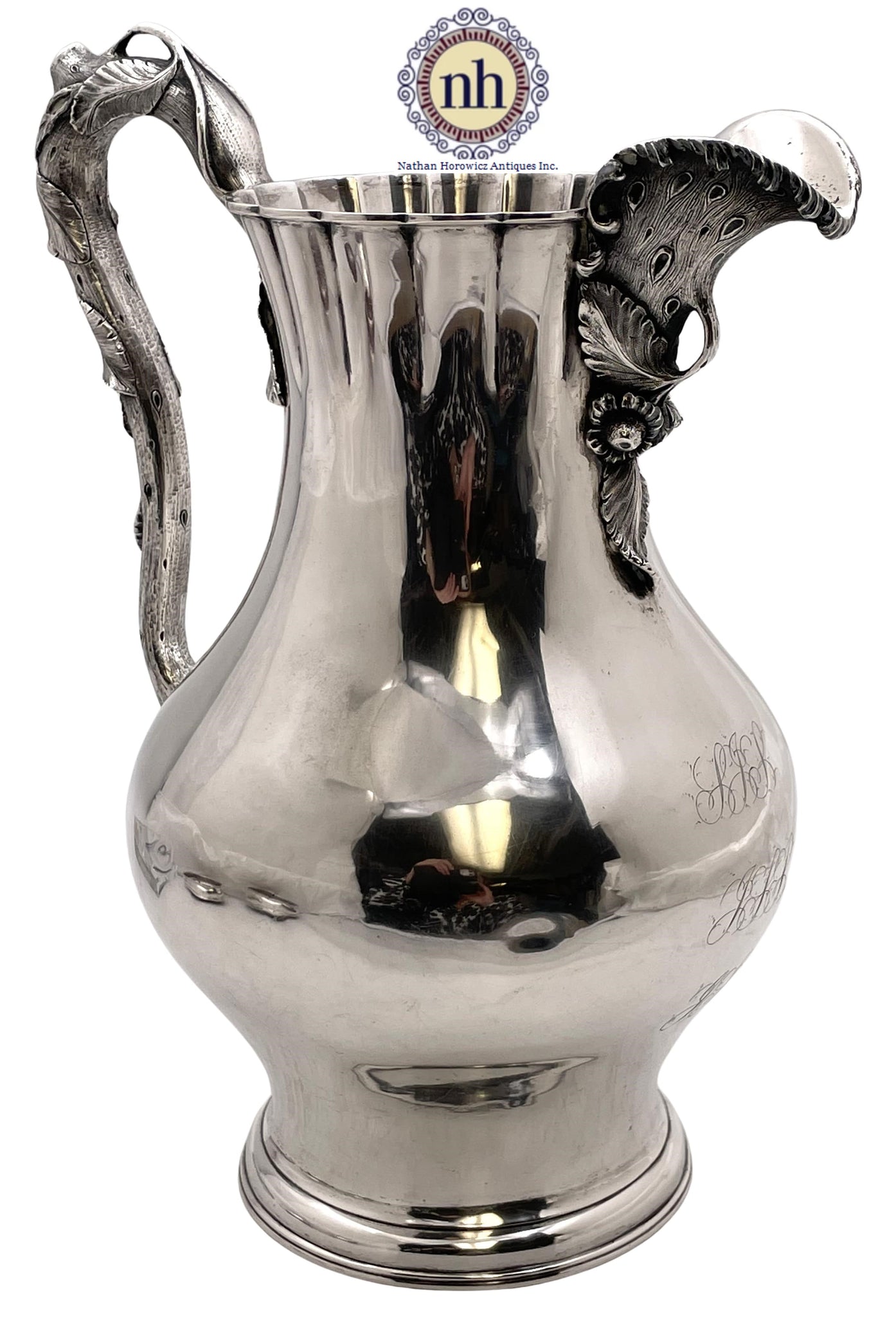 Eoff & Shepard for Ball, Black Coin Silver Pitcher from 1850s with Natural Motifs