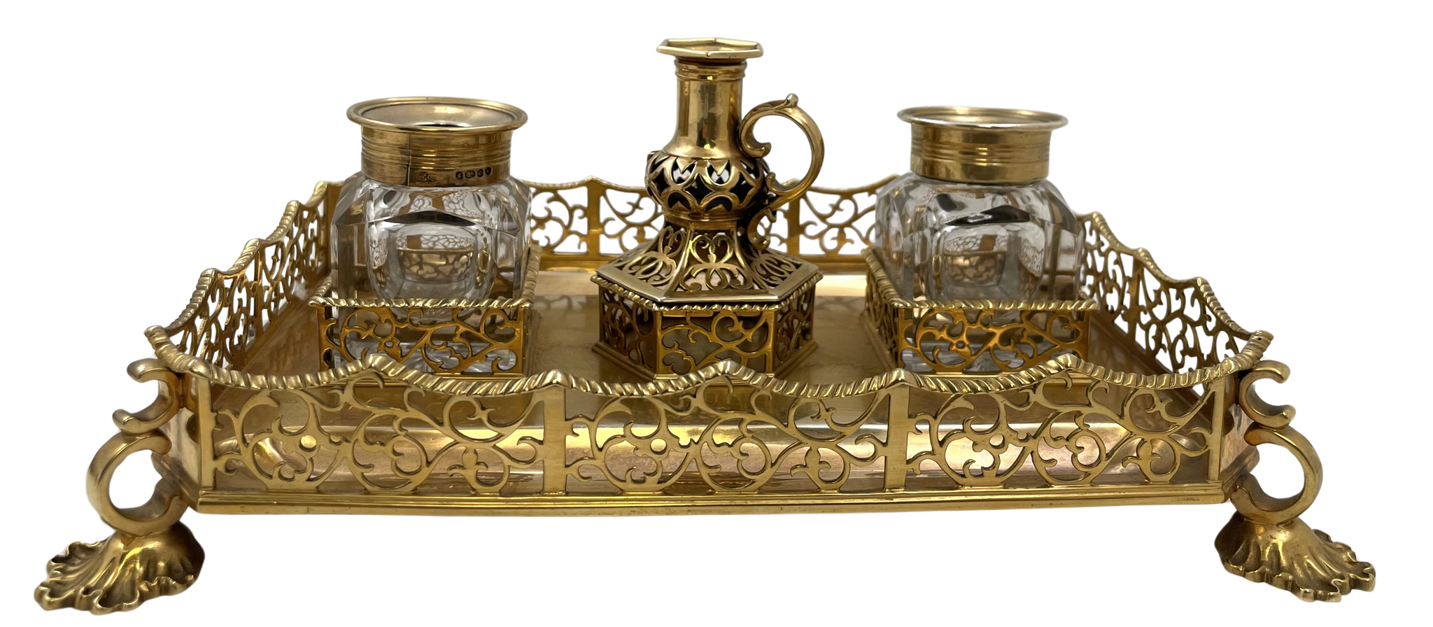 English Gilt Sterling Silver 1844 Victorian Inkstand with 2 Inkwells