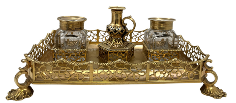 English Gilt Sterling Silver 1844 Victorian Inkstand with 2 Inkwells
