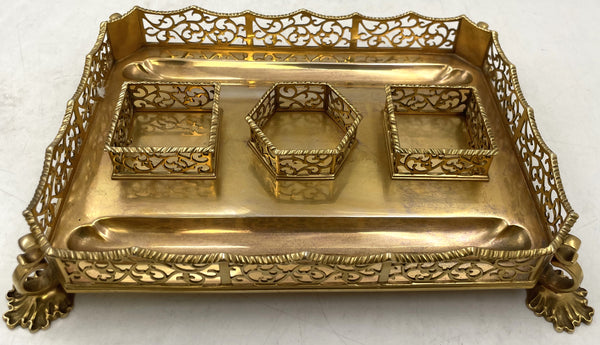 English Gilt Sterling Silver 1844 Victorian Inkstand with 2 Inkwells