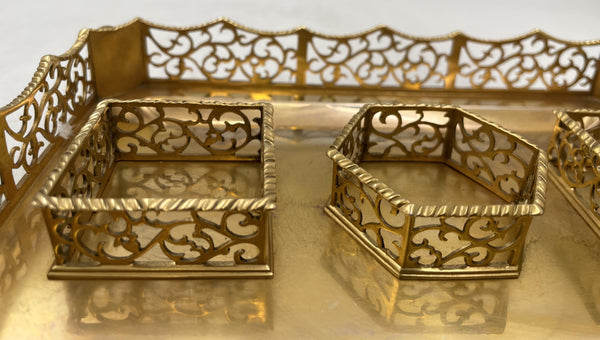 English Gilt Sterling Silver 1844 Victorian Inkstand with 2 Inkwells