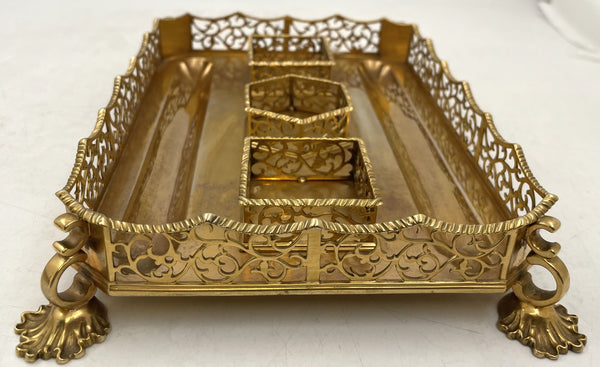 English Gilt Sterling Silver 1844 Victorian Inkstand with 2 Inkwells