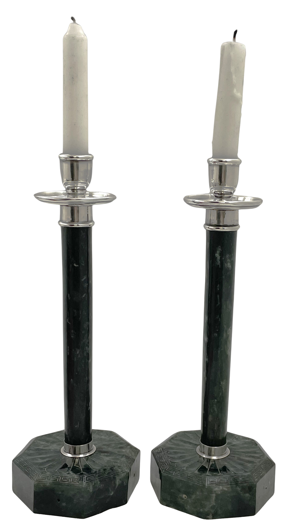 Pair of Yamanaka Rare Spanish Jade and Sterling Silver Candlesticks