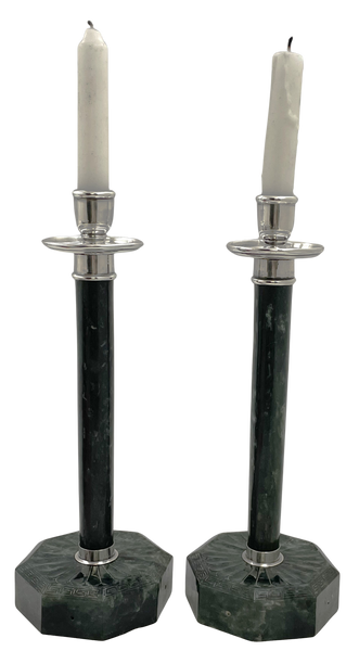 Pair of Yamanaka Rare Spanish Jade and Sterling Silver Candlesticks