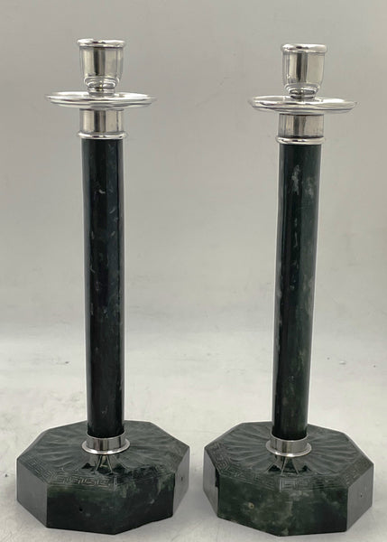 Pair of Yamanaka Rare Spanish Jade and Sterling Silver Candlesticks