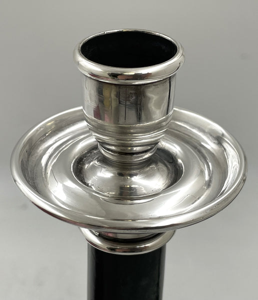 Pair of Yamanaka Rare Spanish Jade and Sterling Silver Candlesticks