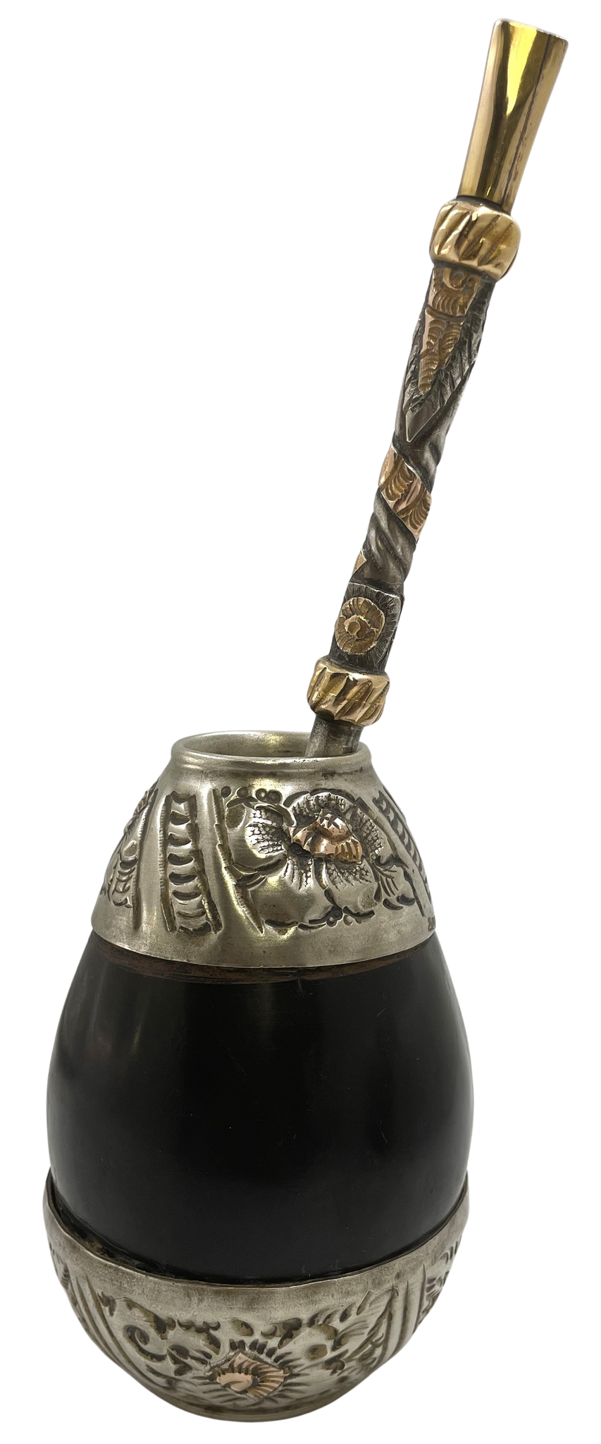 Argentinian Silver and 18K Gold Inlaid Mate Cup with Straw