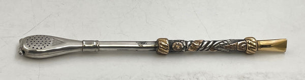 Argentinian Silver and 18K Gold Inlaid Mate Cup with Straw