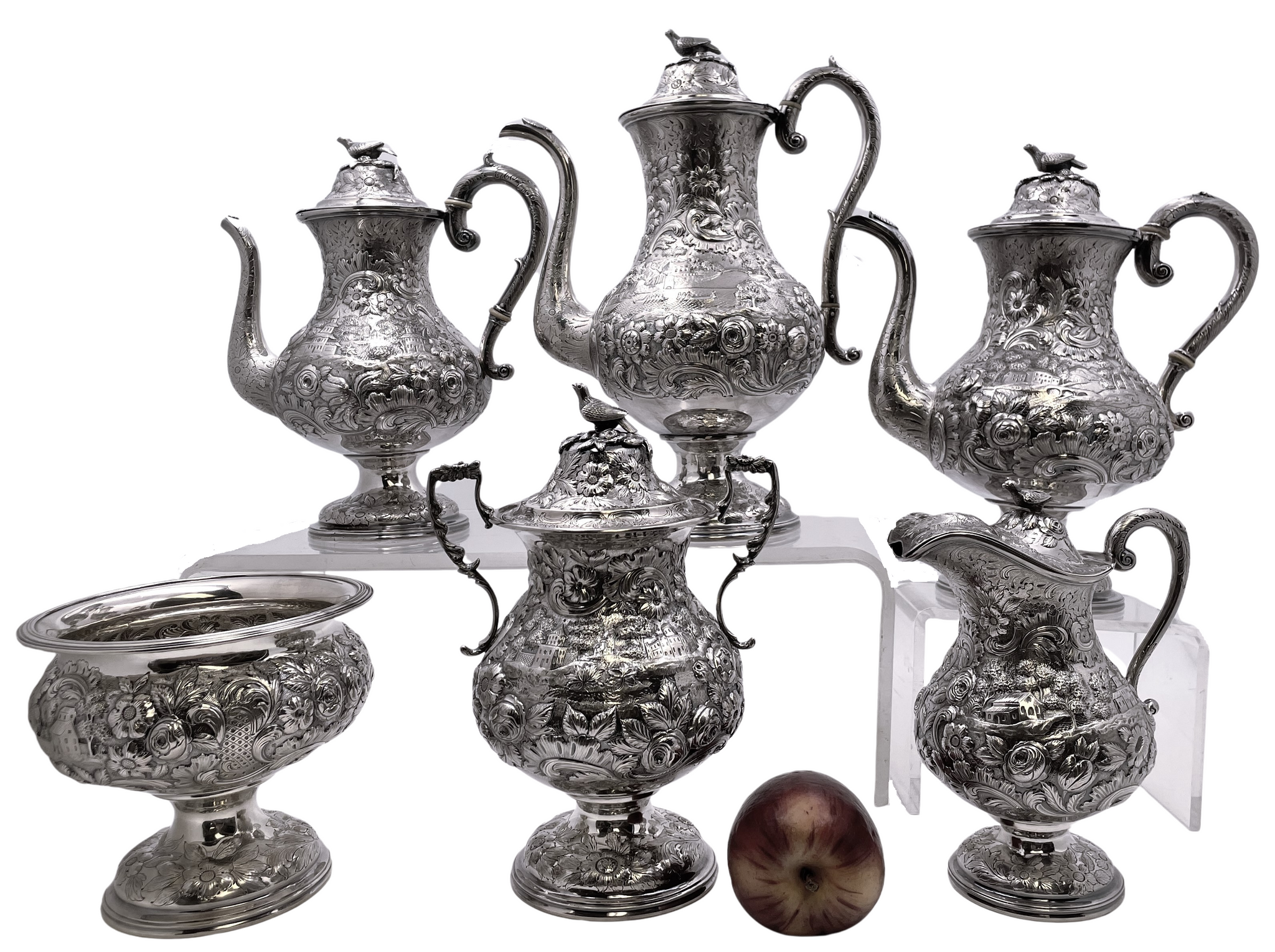 R. Wilson Coin Silver 6-Piece Tea & Coffee Set in Architectural Castle Repousse Pattern