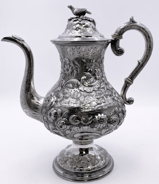 R. Wilson Coin Silver 6-Piece Tea & Coffee Set in Architectural Castle Repousse Pattern