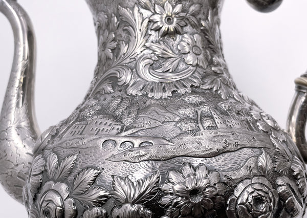 R. Wilson Coin Silver 6-Piece Tea & Coffee Set in Architectural Castle Repousse Pattern