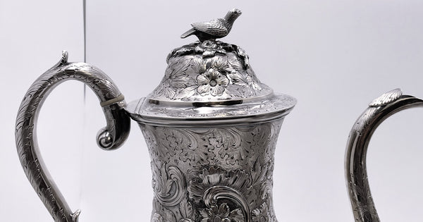 R. Wilson Coin Silver 6-Piece Tea & Coffee Set in Architectural Castle Repousse Pattern