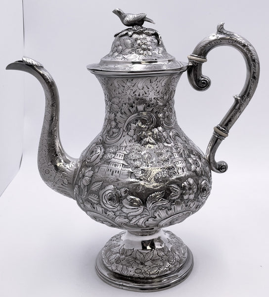 R. Wilson Coin Silver 6-Piece Tea & Coffee Set in Architectural Castle Repousse Pattern