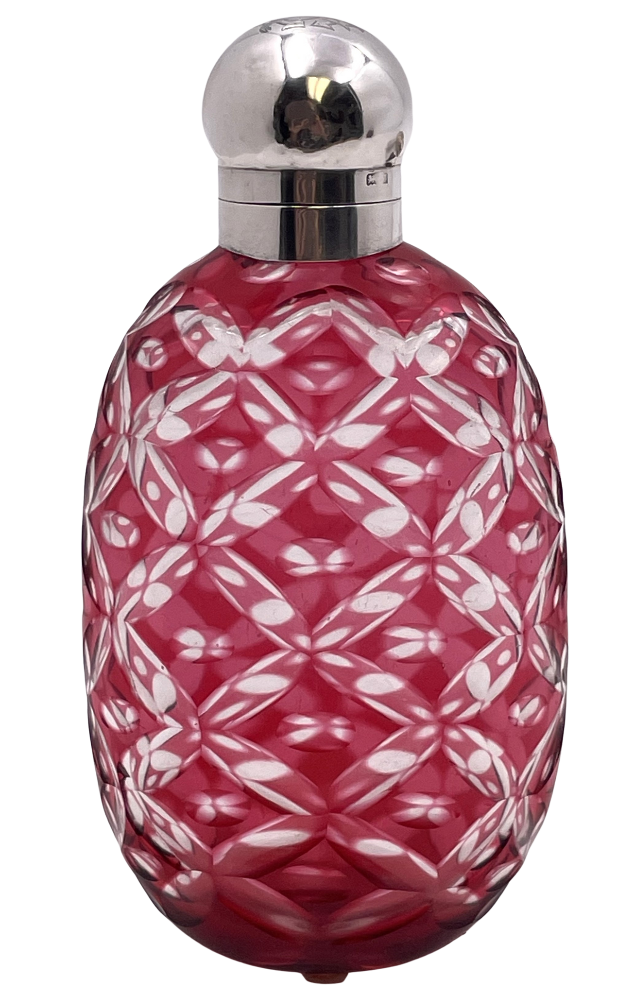 English Sterling Silver & Cranberry Cut Glass 1902 Flask
