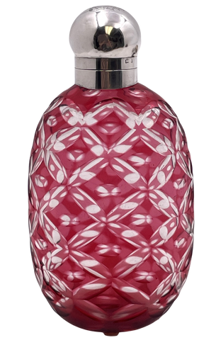 English Sterling Silver & Cranberry Cut Glass 1902 Flask
