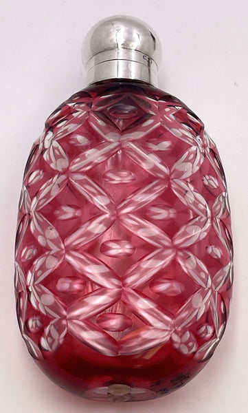 English Sterling Silver & Cranberry Cut Glass 1902 Flask