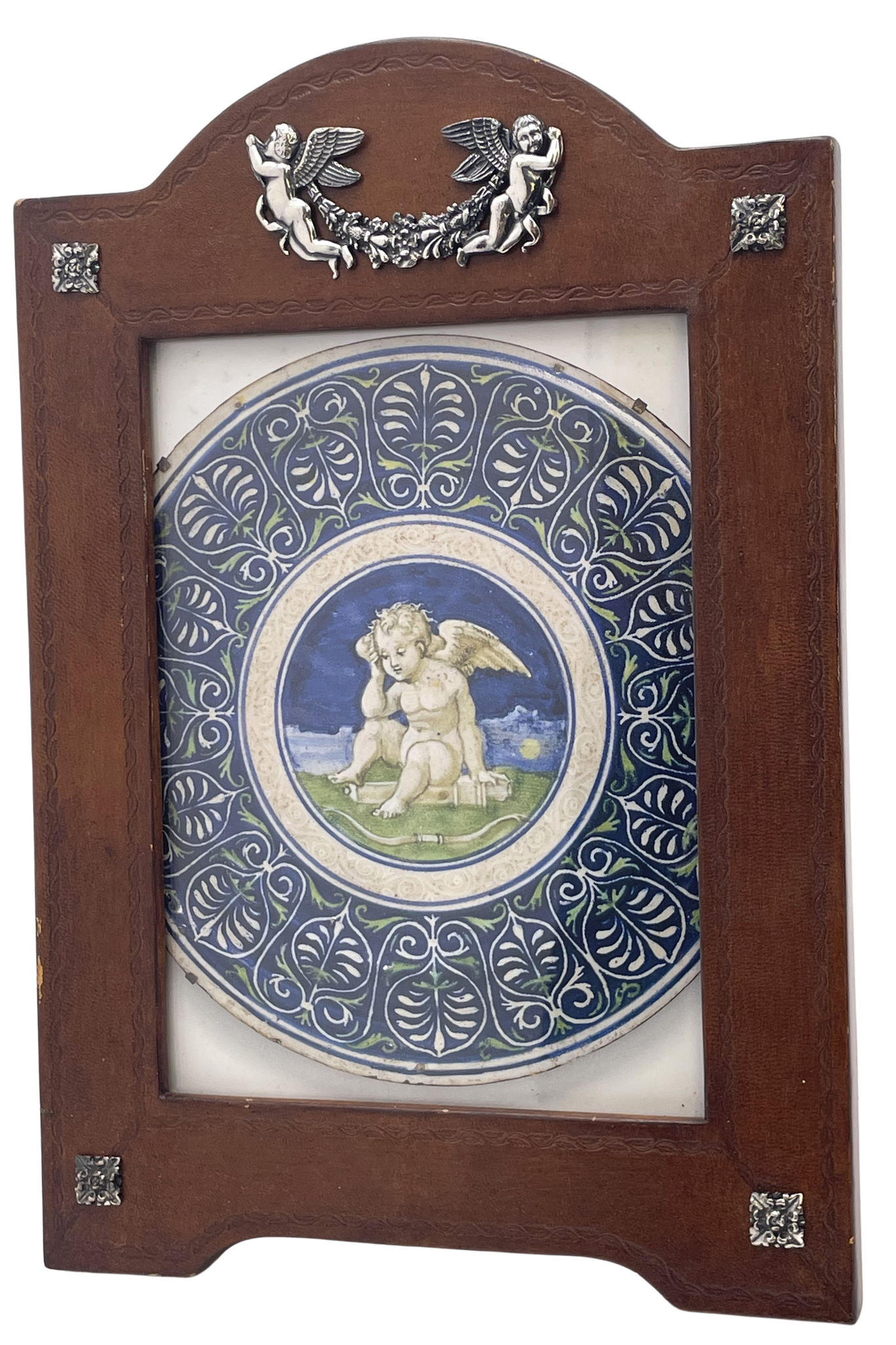 William Scott English Leather and Sterling Silver Picture Frame with Putti