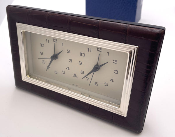 Del Conte Alligator Leather and Sterling Silver Double Clock New in Box