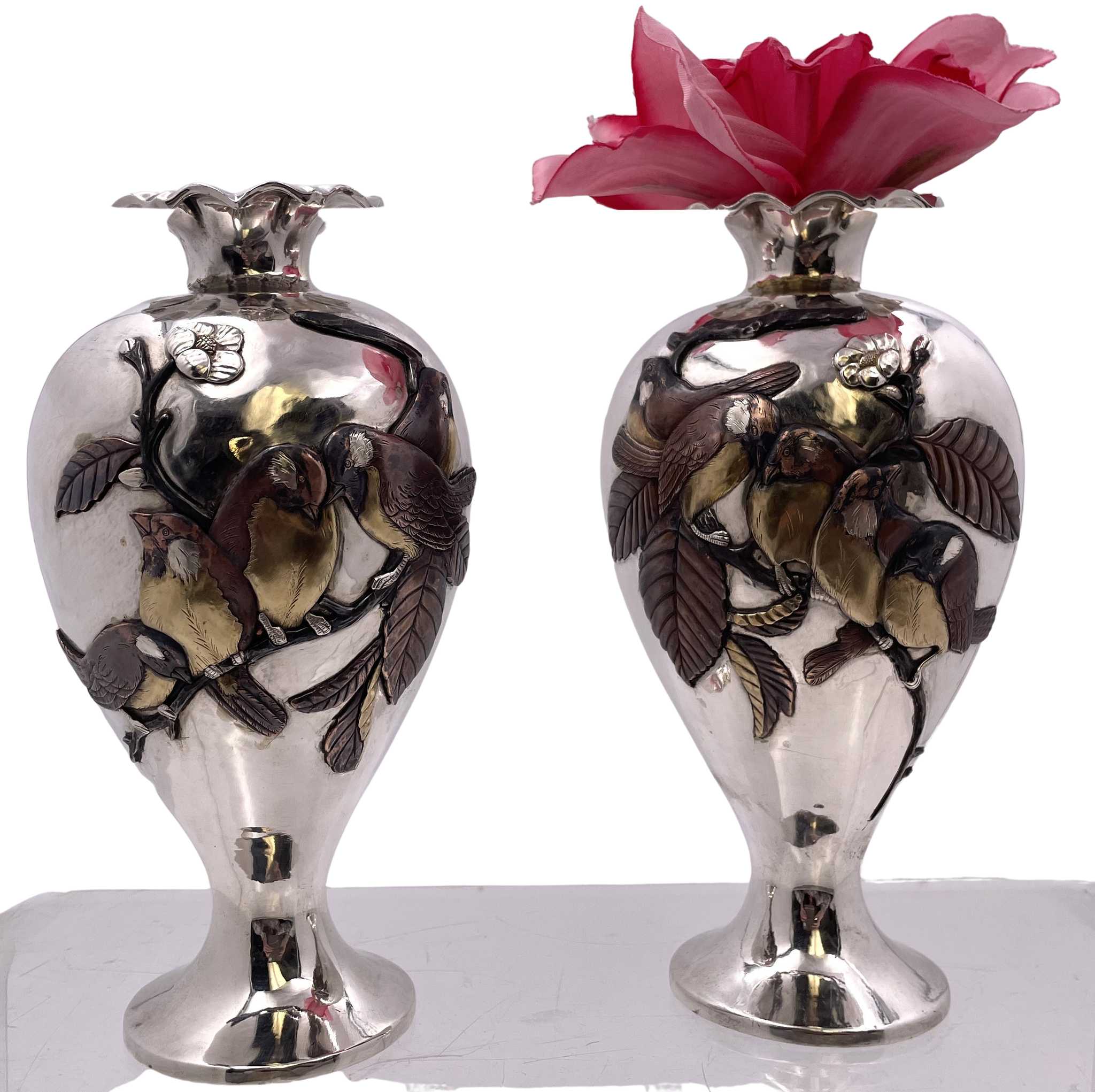 Sanju Saku Pair of Japanese Mixed Metal Sterling Silver Vases with Applied Motifs