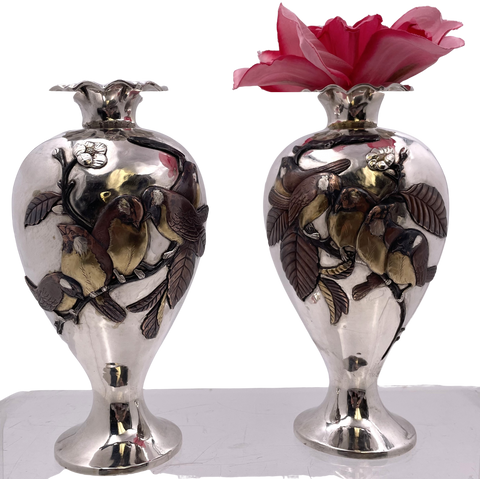 Sanju Saku Pair of Japanese Mixed Metal Sterling Silver Vases with Applied Motifs