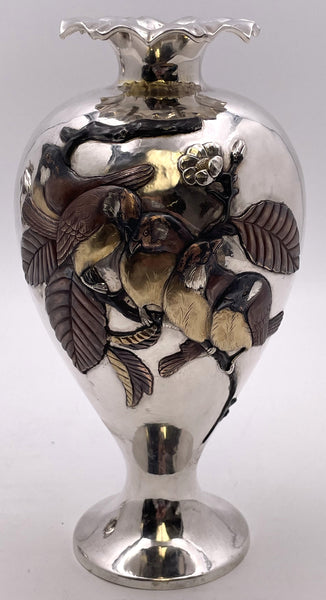 Sanju Saku Pair of Japanese Mixed Metal Sterling Silver Vases with Applied Motifs