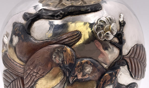 Sanju Saku Pair of Japanese Mixed Metal Sterling Silver Vases with Applied Motifs