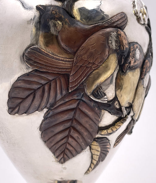 Sanju Saku Pair of Japanese Mixed Metal Sterling Silver Vases with Applied Motifs