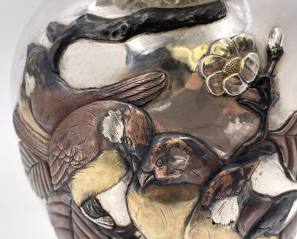 Sanju Saku Pair of Japanese Mixed Metal Sterling Silver Vases with Applied Motifs