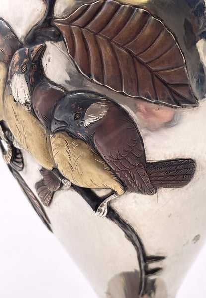 Sanju Saku Pair of Japanese Mixed Metal Sterling Silver Vases with Applied Motifs