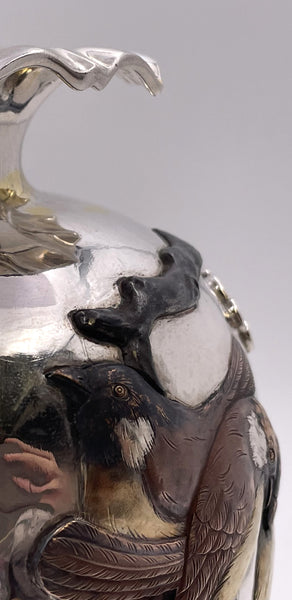 Sanju Saku Pair of Japanese Mixed Metal Sterling Silver Vases with Applied Motifs