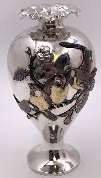 Sanju Saku Pair of Japanese Mixed Metal Sterling Silver Vases with Applied Motifs