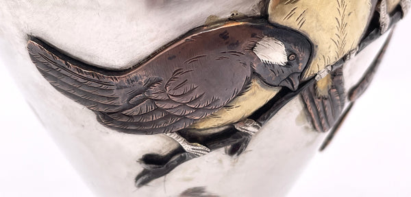 Sanju Saku Pair of Japanese Mixed Metal Sterling Silver Vases with Applied Motifs