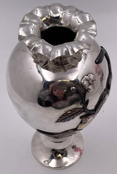 Sanju Saku Pair of Japanese Mixed Metal Sterling Silver Vases with Applied Motifs