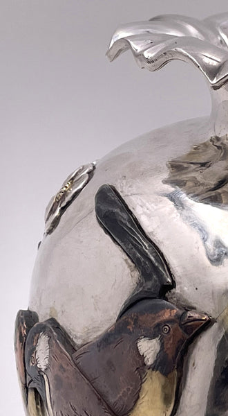 Sanju Saku Pair of Japanese Mixed Metal Sterling Silver Vases with Applied Motifs