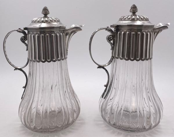 Pair of French Sterling Silver and Cut Glass Carafes/ Pitchers from Late 19th Century