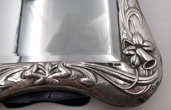 English Sterling Silver Dresser Mirror in Art Nouveau Style with Felt Back