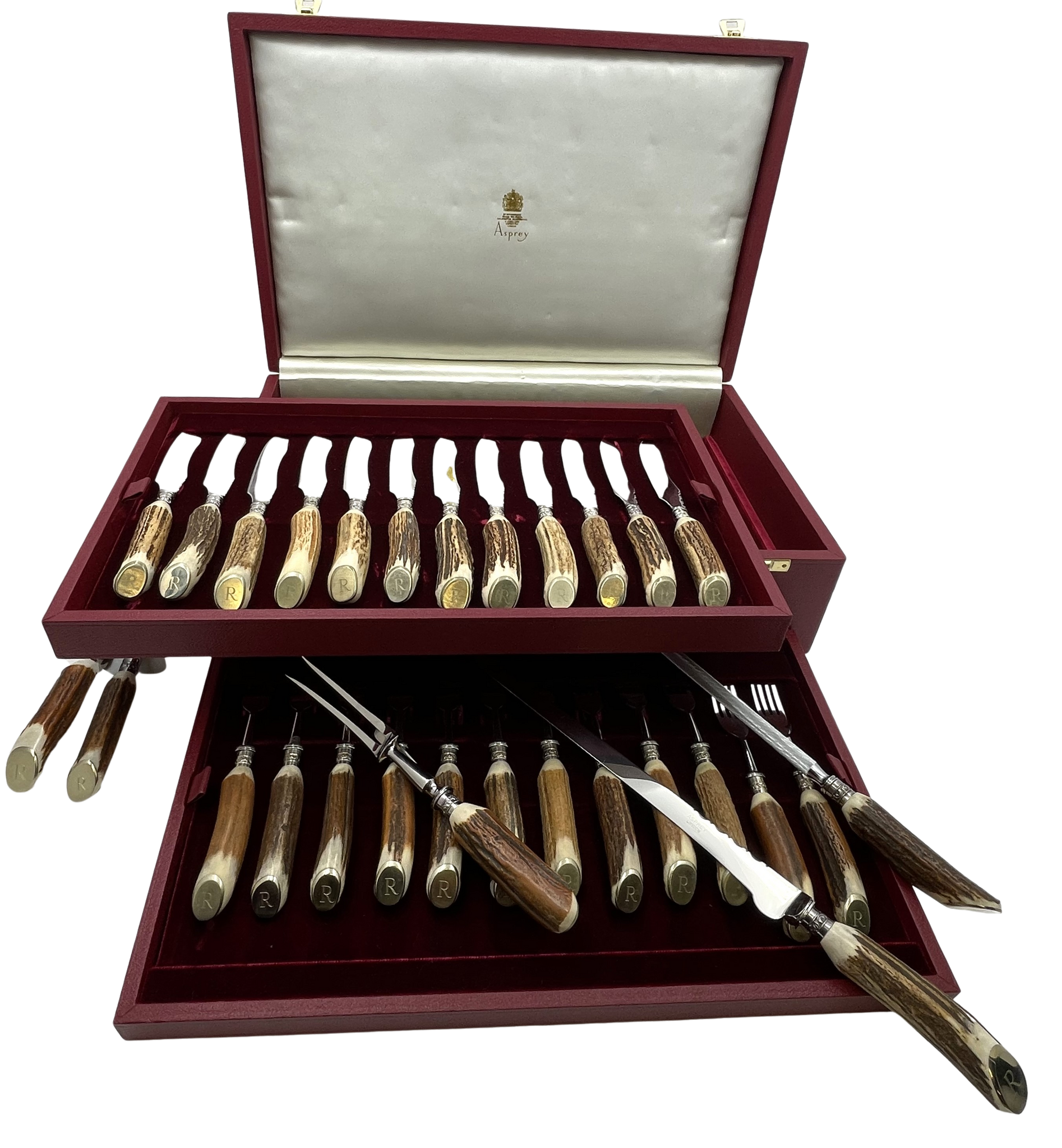 Asprey 3-Tiered Fitted Boxed 29-Piece Set of Antler-Handled Steak and Carving Set in New Condition