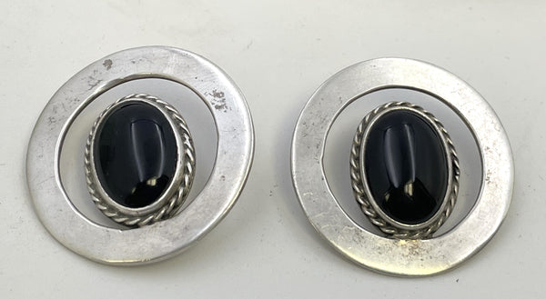Pair of Mexican Sterling Silver & Black Onyx Earrings in Mid-Century Modern Style
