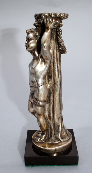 Silver Statue of a Cherub with Wreath of Flowers