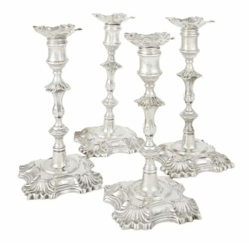 Set of 4 Ensko Georgian Style Cast Candlesticks with Shell Border